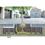 Illustration af GreenMax PE-vandings- og luftningsrør monteret under belægningen omkring et bytræ.