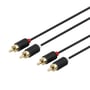 Deltaco 2x RCA-audiokabel set skråt med fire guldfarvede stik og røde og hvide kanalmarkeringer.