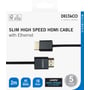 Deltaco ultratyndt sort HDMI-kabel på 2 meter på emballagen, hvor 2 meter og 4K ved 60 Hz fremhæves.