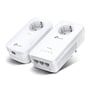 Frontvisning af TP-LINK AV1300 Gigabit Passthrough Powerline ac Wi-Fi kit med to hvide adaptere, en med tre LAN-porte og en med Wi-Fi-indikator.