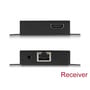 Delock HDMI-extendersættets modtager set fra to sider med HDMI-, netværks- og jacktilslutning.