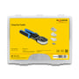 Delock RJ45 Crimp+Cut-værktøjssæt i en klar plastkasse med gul emballageetiket og illustrationer af indholdet.