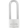 ABUS Titalium hængelås 64TI/40 med 63 mm høj bøjle og blankt, rustfrit stål-look, på hvid baggrund.