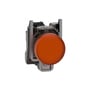 Nærbillede af Schneider Electric Harmony Style 4 lampe med orange LED-linse. Synlig el-monteringsbeslag og baggrundsplastik.