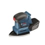 Bosch GSS 18V-10 Professional batteridrevet rystepudser med støvopsamler og ergonomisk greb i blå og sort.