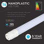 Grafik med V-TAC T8-Performer150 Evo LED-rør og tekst om nanoplast, lysgennemgang, energiklasse og garanti.