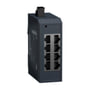 Schneider Electric Modicon Unmanaged Switch med 8x 10/100Mbps RJ45 porte, sidevisning med mørkegrå plastik og ribbet design.