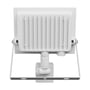 Bagsiden af den hvide SpectrumLED 30 W LED-projektør med køleribber, beslag og PIR-sensor.