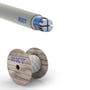 NKT forsyningskabel NOIK-AL-S 90° med fire sektorformede aluminiumsledere og PEX-isolering, vist med en afskåret ende og en trækspole.