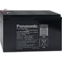 Panasonic blygelebatteri, 12V, 7.2 Ah, set fra en vinkel, der viser terminalerne og den sorte plastikkasse med tydelig mærkning.