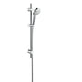 Detalje af Hansgrohe Myselect S Multi brusesæt, der viser brusehovedets hoved og fleksibel slange i krom.