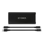 ICD Dock M.2 NVMe kabinet til ekstern SSD og tilhørende USB-C og USB-A kabler.