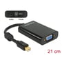 DeLock adapter med porte vist: 3,5 mm lydstik og mikro USB til strøm, samt mini DisplayPort til VGA-tilslutning og angivet kabellængde på 21 cm.