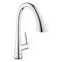 Grohe Zedra Touch 2019 etgrebs køkkenarmatur i krom med en høj svingtud og udtrækkelig bruser på hvid baggrund.