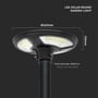 Målskitse af den sorte V-TAC LED-solcellehavelampe med Ø42 cm lampehoved vist monteret på en stang.