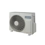 Hitachi AirHome 400 udedel til klimaanlæg i lysegrå, set mere direkte forfra med ventilator og højre side synlig.