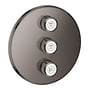 Grohtherm SmartControl triple volume kontrol sæt i antracit med tre runde greb og trykknapper med symboler for forskellige funktioner.