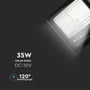 Specifikationer for V-TAC 35W solpanel LED projektøren, herunder DC 10V og 120 graders lyskegle.
