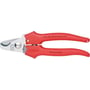 Knipex kabelsaks i rød med sølvfarvede skær, med et dobbeltskær design til præcisionsklipning af Cu- og Al-kabler op til 10 mm.