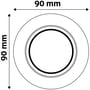 Målskitse set forfra af det sorte downlight kit med rund front og en diameter på 90 mm.