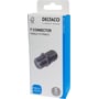 Deltaco F-connector hun-til-hun vist på emballagen fra en skrå vinkel, hvor æskens blå side ses.