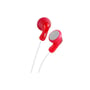 Nærbillede af røde JVC HA-F14 Gumy in-ear høretelefoner med hvide kabler, fremhæver designet.