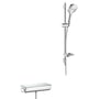 Hansgrohe Raindance Select E120 brusesæt i krom med termostatarmatur, brusestang og firkantet håndbruser med 3 stråletyper.