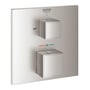 Grohe Grohtherm Cube termostatbatteri i børstet stål, firkantet design med to greb og temperaturindikator.