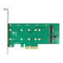 Bagsiden af DeLock 89536 PCI Express-kortet viser det grønne printkort, de to M.2-slots og PCIe-kontakten.