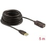 DeLock aktivt USB 2.0 forlængerkabel, 5 m, oprullet og klar til brug, viser den sorte kabelkvalitet og kontakter.