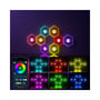 Demonstration af LEDlife RGBIC Hexagon Infinity væglys, der viser forskellige farvekombinationer og en app-styringsmenu på en smartphone.