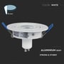 Sidevisning af V-TAC downlight kit med specifikationer som 75mm hul og aluminiumsramme.