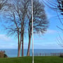 Kystlandskab med træer, hav og en slank mast viser et udendørsmiljø for Light By Juul Gold nedgravningsspot.