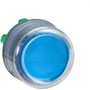Schneider Electric ZB5AP6 trykknap i blå med silikonekappe, 22mm diameter, vist forfra mod hvid baggrund.