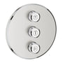 Grohe Grohtherm SmartControl triple volume kontrol sæt i Supersteel finish med tre drejeknapper på en rund metalplade.