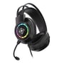 Nærbillede af Deltaco DH220 gaming headset, der viser den ydre skal af ørekoppen med RGB-lys detaljer.