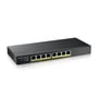 ZyXEL GS1915-8EP 8-ports Gigabit PoE switch, set fra en let skrå vinkel, der fremhæver portene og designet.