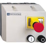 Schneider Electric motorstarter LG7K06M708 i grå plast med rød nødstopsknap, gul drejekontakt og to sorte knapper.