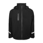 Sort Lyngsøe Rainwear vinterjakke i størrelse L set lige forfra med hætten liggende bag kraven og refleksstriber.