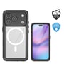 Det sorte 4smarts Stark-cover til iPhone 17 Pro ses forfra og bagfra ved siden af symboler for IP68 og faldtest.