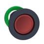 Schneider Electric Harmony XB5/ZB5 rød flush trykknap med grøn monteringsring set forfra, med plant design.