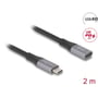Nærbillede af DeLock USB 40 Gbps forlængerkabel, viser USB-C han og hun stik med 40 Gbps og PD 3.1 logoer, 2 meters længde.