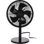 Sort bordventilator med 35 cm vinge set forfra, med beskyttelsesgitter, rund fod og ledning.