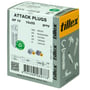Tillex Attack AP-10 plugs i grå, 10x55 mm, 50 stk. i pakken, vist på en hvid baggrund med illustrationer af anvendelse.