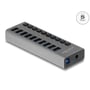 Delock USB-hub med 10 USB Type-A-porte og individuelle afbrydere set skråt forfra.