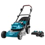 Makita DLM481PT2 batteridrevet plæneklipper med 48 cm klippebredde, vist med græsopsamler og to 18V LXT-batterier med oplader.