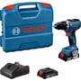 Bosch akku-boreskruemaskine GSR 18V-65 Professional med blåt og sort design, vist med tilbehør som kuffert, batteri og oplader på hvid baggrund.