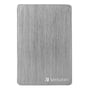 Nærbillede af Verbatim Store 'n' Go ALU slim ekstern harddisk i space grey med børstet aluminiumsfinish.