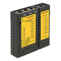 Delock kabeltester set skråt forfra med RJ45- og RJ12-porte, PoE-markering og aftagelig remote-enhed.