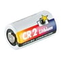 Abus 3V CR2 Lithium reservebatteri med hvid og farverig mærkning på en hvid baggrund.